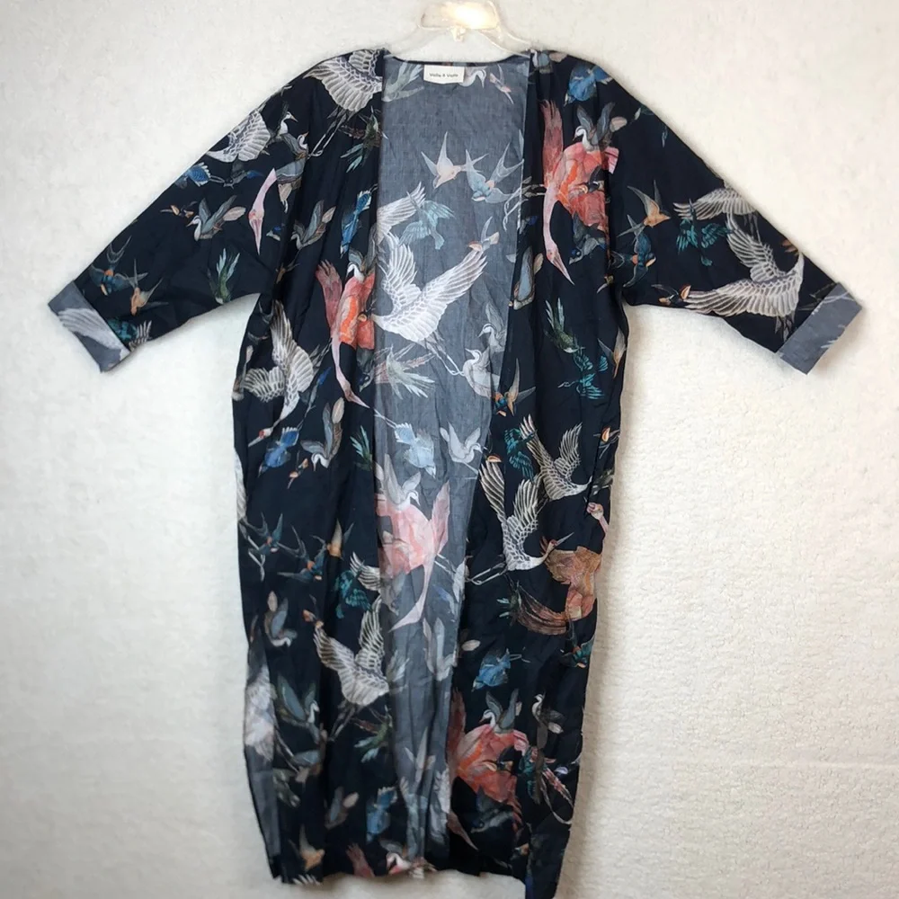 Valle O Valle Unisex Kimono Navy Bird Pattern ONE SIZE